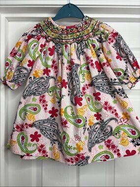 Girls Pink Paisley Smocked Dress with Bright Floral Accents